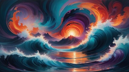 Abstract seascape with towering waves, fiery sunset, and swirling colors in a dramatic and surreal composition.