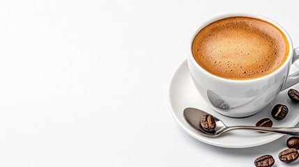 Fototapeta premium A photostock of a steaming cup of coffee with a saucer and spoon on isolated on transparent PNG background, High Quality.