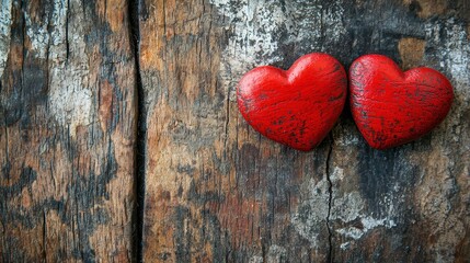 Valentine s Day background with two red hearts on a wooden background, symbolizing love and affection.