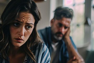 Naklejka premium Upset Woman with Concerned Man in Background During Emotional Conversation at Home