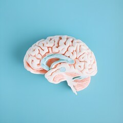 Anatomical Model of Human Brain with Cerebellum and Brainstem in Soft Pink Color on Blue Background for Educational and Informational Purposes