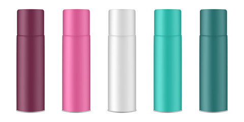 Set of brown, pink, white, teal and green cosmetic spray bottles. Korean packaging. Mist, hair spray, air freshener container. Mockup of aerosol