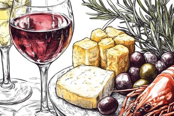 A plate of delicious food served with a glass of wine, perfect for a dinner party or special occasion