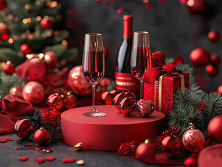 Central empty 3D podium surrounded by Valentine Day-themed jewelry, such as heart-shaped pendants and love knot rings. The background includes romantic lighting and decor. Color Scheme Ruby red and pa