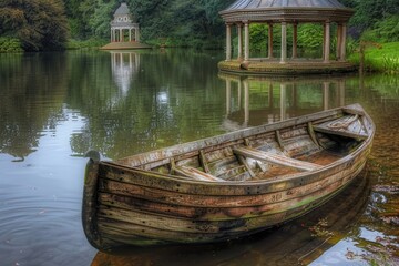 Obraz premium A wooden boat sits peacefully on the surface of a serene lake, adjacent to a charming gazebo