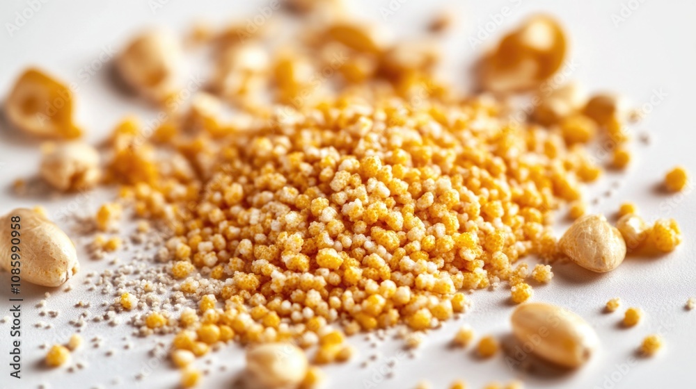 Poster fresh corn and nuts arranged on a white background