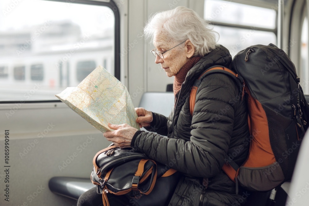 Poster a person sitting on a bus studying a map, possibly planning a trip or navigating an unfamiliar area