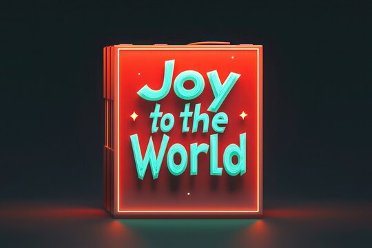 A minimalistic gift box design with bright red and turquoise gradient glow, featuring "Joy to the World" in bold, cheerful text, set against a dark background