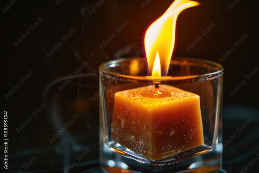 Poster a lit candle inside a glass with wisps of smoke emerging, perfect for use as an atmospheric backgrou