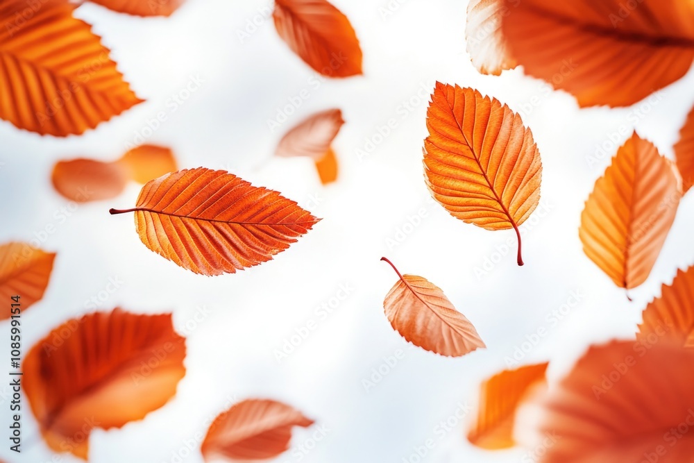 Poster a bunch of autumn leaves blowing in the air, great for use as a background or texture