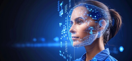 Digital Privacy: Young Female Accessing Biometric Scan and Encrypted Data Hologram