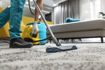 Fototapeta premium Janitorial Service: Male Worker Cleaning Carpet