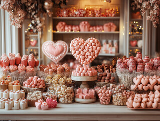 Central empty 3D podium surrounded by Valentine Day-themed jewelry, such as heart-shaped pendants and love knot rings. The background includes romantic lighting and decor. Color Scheme Ruby red and pa