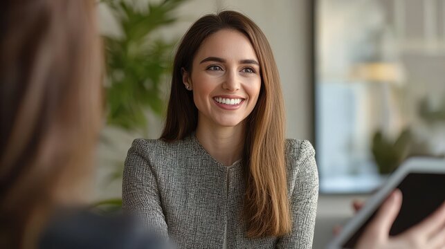 Happy mid-aged businesswoman manager handshaking at office meeting, smiling female HR hiring recruit at job interview