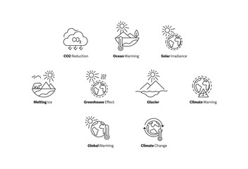 Global Environmental Change Icons. Featuring solar irradiance, climate change, melting ice, greenhouse effects, and CO2 reduction, this set is perfect for climate awareness and sustainability visuals.