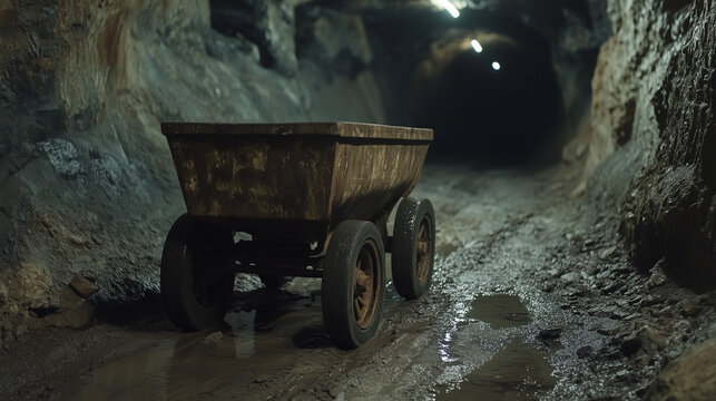 Zardzewiały w&oacute;zek kopalniany stoi na zalanych torach w ciemnym korytarzu opuszczonej kopalni. 