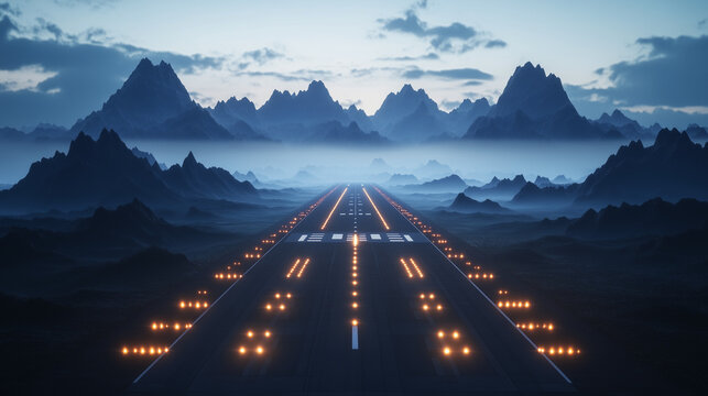 Zmierzch nad lotniskiem, gdzie pas startowy lśni jasnymi światłami prowadzącymi, wkomponowany w malowniczy krajobraz g&oacute;r. 