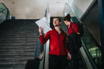 Business professionals travel in the city, using escalators while attentively reading documents. They seem focused and determined.