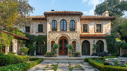 Elegant mansion with arched windows and a welcoming entrance surrounded by lush greenery and landscaped gardens during daylight