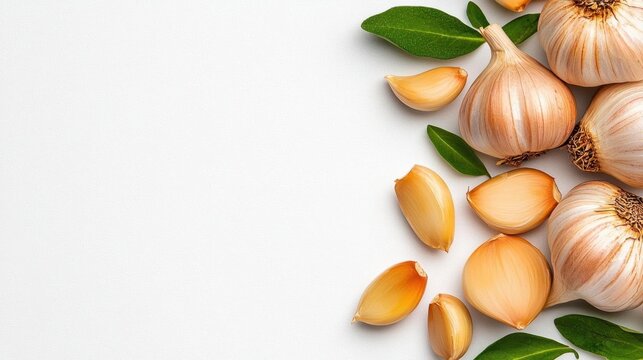 A photostock of fresh garlic cloves, peeled and whole, scattered on isolated on transparent PNG background, High Quality.