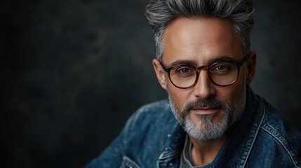 Obraz premium A person wearing glasses and a denim jacket, suitable for use in editorial or lifestyle content