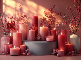 Central empty 3D podium surrounded by Valentine Day-themed jewelry, such as heart-shaped pendants and love knot rings. The background includes romantic lighting and decor. Color Scheme Ruby red and pa