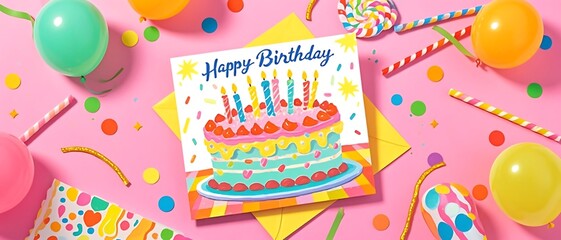 Happy birthday card with cake, balloons, confetti, and straws on pink background.