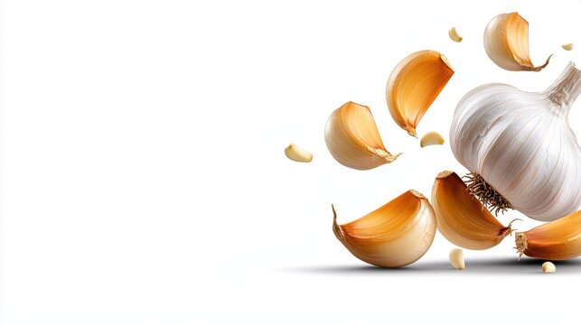 A photostock of fresh garlic cloves, peeled and whole, scattered on isolated on transparent PNG background, High Quality.