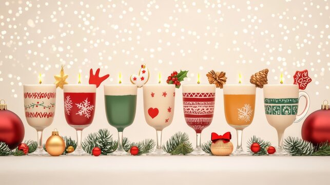 Festive holiday drinks in decorative glasses.