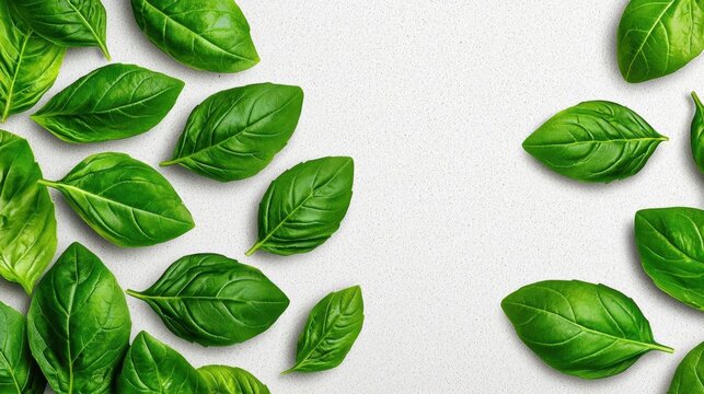 A photostock of fresh green basil leaves scattered in an arrangement on isolated on transparent PNG background, High Quality.