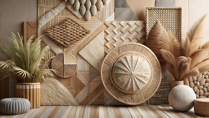 Elegant textured wall decor with woven elements and natural materials, cozy ambiance, copy space