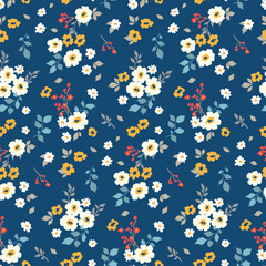 Seamless floral pattern, liberty ditsy print, abstract fond plants in folk motif. Cute botanical design, hand drawn small flowers, tiny leaves, simple bouquets on blue field. Vector illustration. © Yulya i Kot
