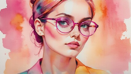 Obraz premium Portrait of a stylish woman with pink glasses, vibrant watercolor background, and expressive gaze.