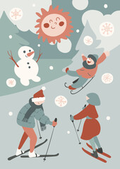 Family skiing, joint outdoors leisure. Mom dad and child on snowy slope. Man and woman skiing, happy child sledding, snowman standing by fir trees. Cute vector illustration, cartoon style.