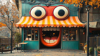 A whimsical market building with a smiling entrance and vibrant colors invites visitors to explore its unique offerings