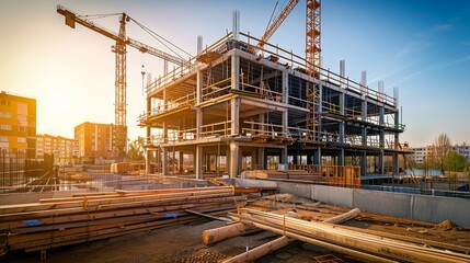 Naklejka premium Large Building Construction Site with Clear Blue Sky
