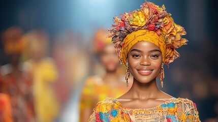 Fototapeta premium A vibrant fashion show featuring models in colorful attire and elaborate headpieces, showcasing cultural heritage and artistic design.