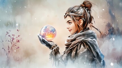 Naklejka premium Enchanting Winter Poster: A Young Girl in Cozy Attire Holding a Glowing Snow Globe, Surrounded by Dreamy Snowfall and Warm Light – Perfect for Creating a Whimsical Atmosphere!