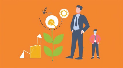 Obraz premium Depict businessman next to a business growth icon showcasing a company founders focus on business development and scaling Features elements of business innovator and business mentor