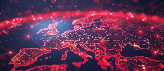 Europe map with connected dots and red glowing lights.  Concept of global network, data flow, or communication.