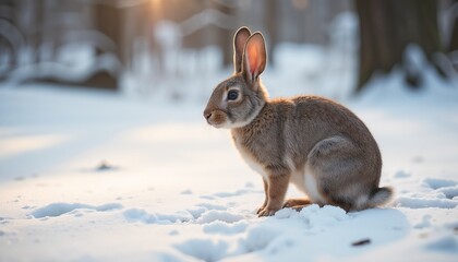 Obraz premium Rabbit sitting in snow during sunset in a winter forest