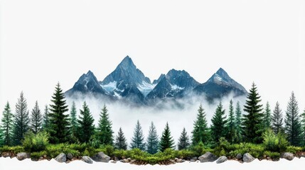 Fototapeta premium A photostock of misty mountain range with green trees below on isolated on transparent PNG background, High Quality.