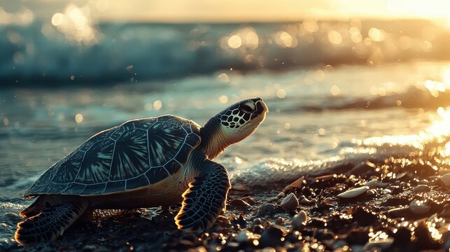 Graceful sea turtle emerging from the ocean waves on a sandy beach at sunset, showcasing intricate shell patterns and the serene beauty of marine wildlife