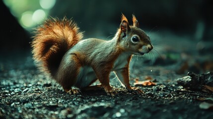 Close-Up View of a Playful Squirrel in a Forest Setting Highlighting Vibrant Fur Texture and Dynamic Pose Amidst Beautiful Natural Environment