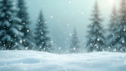 Winter snowy background with falling snow and fir trees in the background on blurred forest background. For New Year, Christmas cards. Christmas banner background