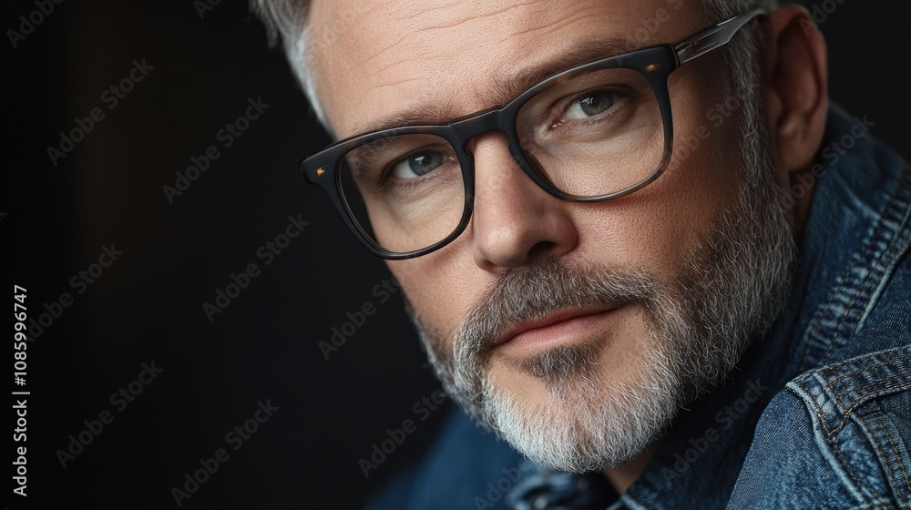 Poster close-up portrait of a man wearing glasses and a denim jacket, suitable for use in editorial or comm