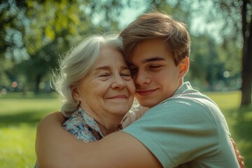 Fototapeta premium A heartwarming scene of a young boy embracing an elderly woman in a park, symbolizing love and companionship
