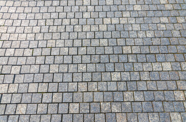Stone block pavement in the rays of the setting sun. Texture