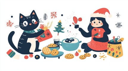 Naklejka premium Festive scene with cat and girl preparing treats.