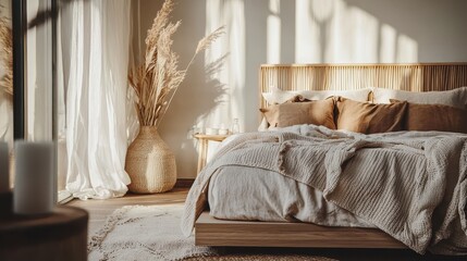 Cozy and Elegant Bedroom Design with Natural Elements, Soft Textiles, and Warm Lighting Creating a Serene Atmosphere for Relaxation and Comfort